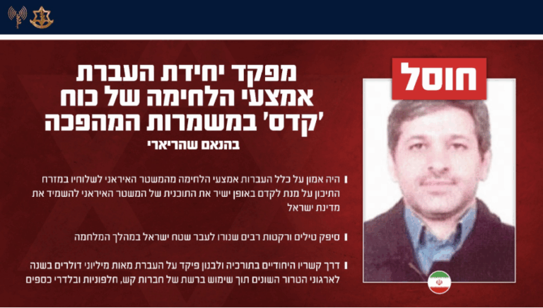 חוסל מפקד יחידת העברת אמצעי לחימה של כוח ׳קודס׳ האיראני